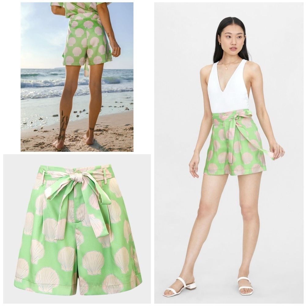 Pomelo Green SeaShell Shells Print High Waist Satin Shorts XS - Picture 1 of 9
